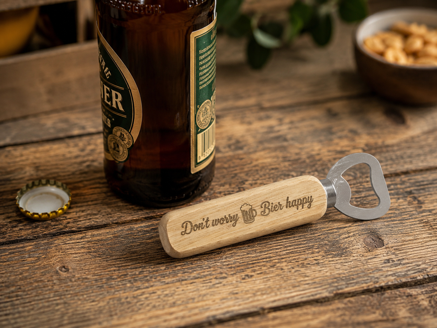 Personalisierter Flaschenöffner aus Holz mit individueller Gravur