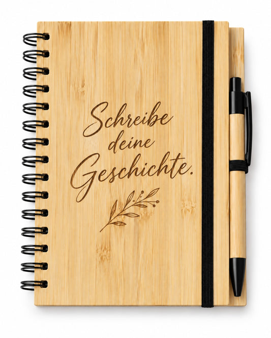 Personalisiertes Notizbuch aus Bambus mit Gravur Schreibe deine Geschichte